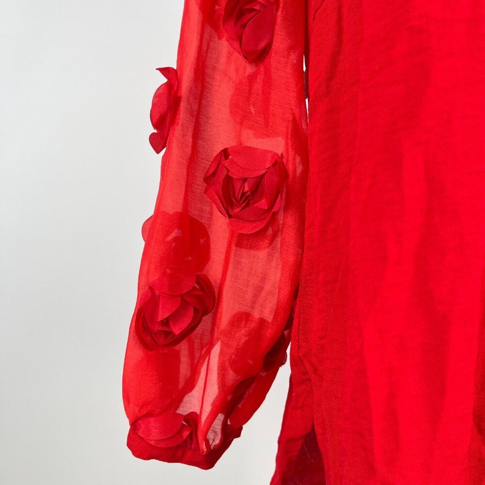 NWOT John Mark Scarlet Red Rosette Applique Sheer Balloon 3/4 Sleeve Blouse XL - Picture 5 of 14